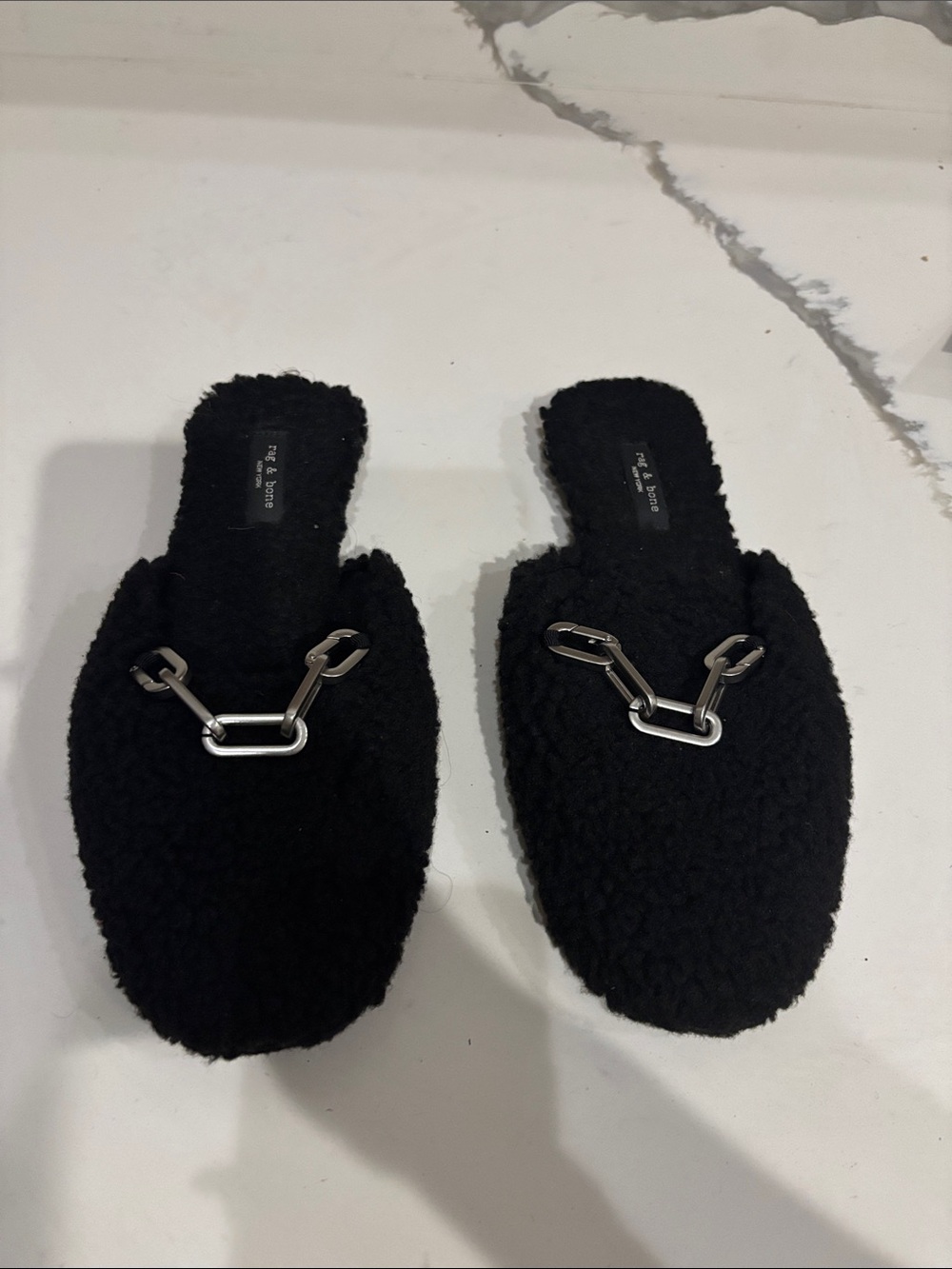 Rag & Bone Black Faux-Shearling Slip-On Mules with Silver Chain Accent